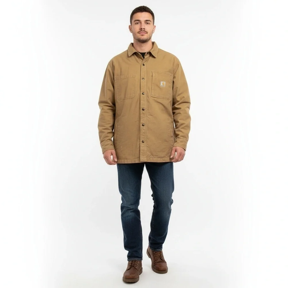 Carhartt Work Jacket Mens Size L Tan Chore Coat Button Front Rugged